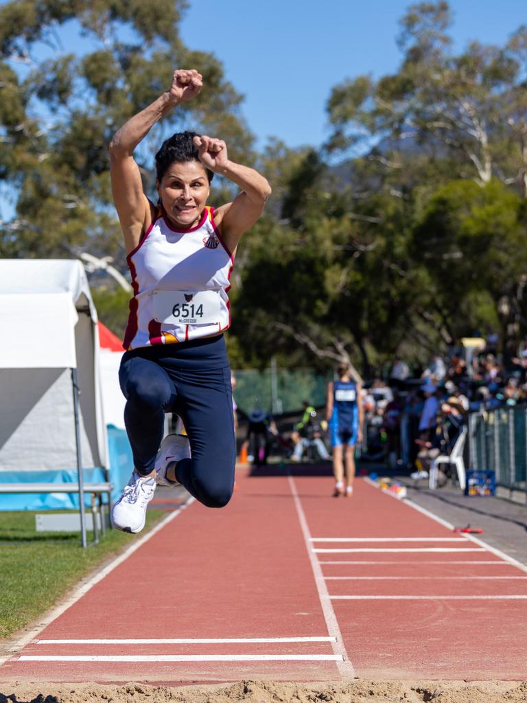 Masters Athletics tournament. Friday 29th March 2024 at the Domain Athletics centre Hobart. Inspiring long jumper Mary McGregor aged 67. Picture: Linda Higginson