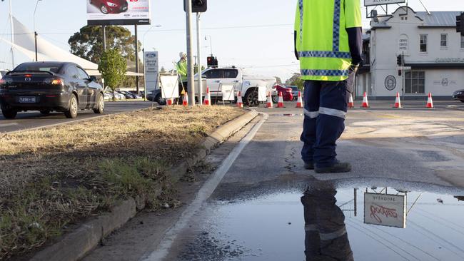 Intersection of Grand Junction Road, and Main North Road, Gepps Cross, where a water main burst. Picture: AAP/Emma Brasier.