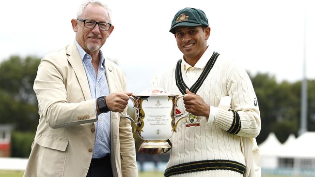 Usman Khawaja of Australia is presented with the winners trophy during day three of the Tour Match between Derbyshire CCC and Australia. Picture: Ryan Pierse/Getty Images