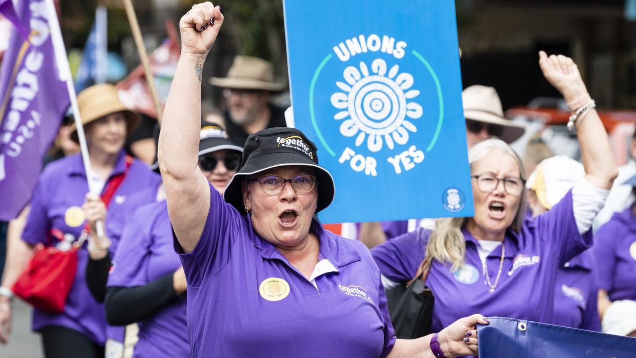 Ingrid Powderham marches with Together Union at the Toowoomba Labour Day march, Saturday, April 29, 2023. Picture: Kevin Farmer