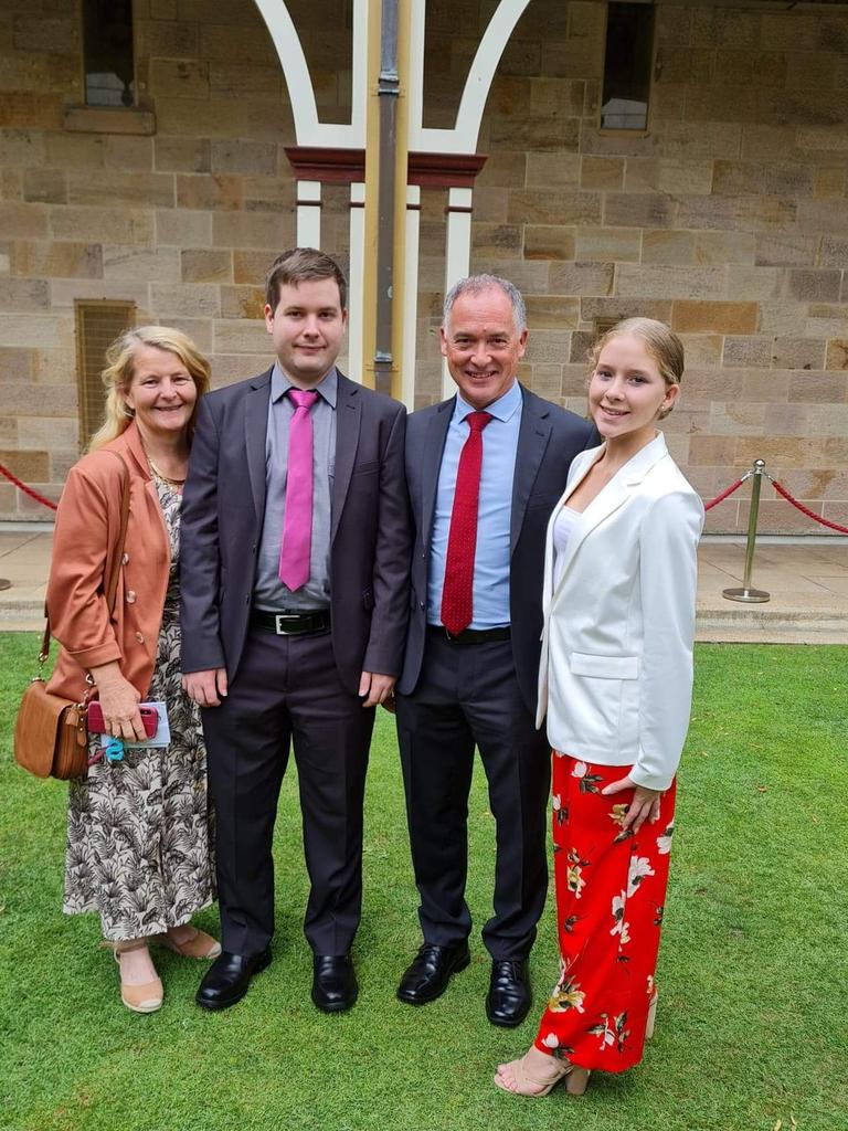 Adrian's ex-wife Sue, with Adrian and the two children they have together, Sam and Anna, at opening Parliament in November 2020.