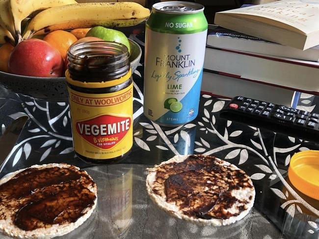 How dare he … Alan Cumming's thickly spread vegemite on rice cakes. Picture: Instagram