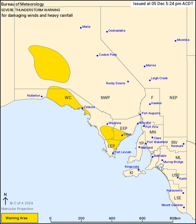 The Bureau of Meteorology released a severe thunderstorm warning with damaging winds and heavy rainfall expected to form across the Nullarbor towards the Lower Eyre Peninsula.