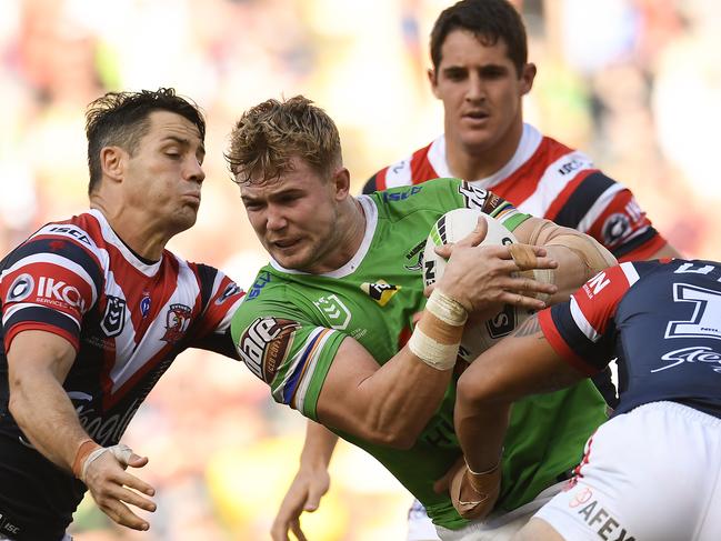 Young tackled during the round nine NRL match between the Sydney Roosters and the Canberra Raiders at Suncorp Stadium on May 12. Picture: Albert Perez