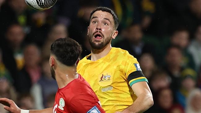 PERTH, AUSTRALIA - JUNE 11: Apostolos Stamatelopoulos of Australia in action during the Second Round FIFA World Cup 2026 Qualifier match between Australia Socceroos and Palestine at HBF Park on June 11, 2024 in Perth, Australia. (Photo by Paul Kane/Getty Images)