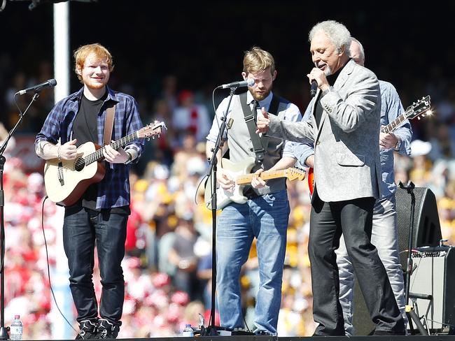 2014 AFL Grand Final entertainers Ed Sheeran and Tom Jones. Picture: David Caird.