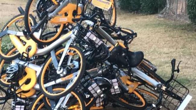 Pile of bikes at Waverley Park. Picture: Jack Vassallo