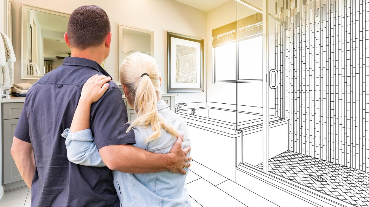 Couple Facing Bathroom Drawing Gradating To Photo.