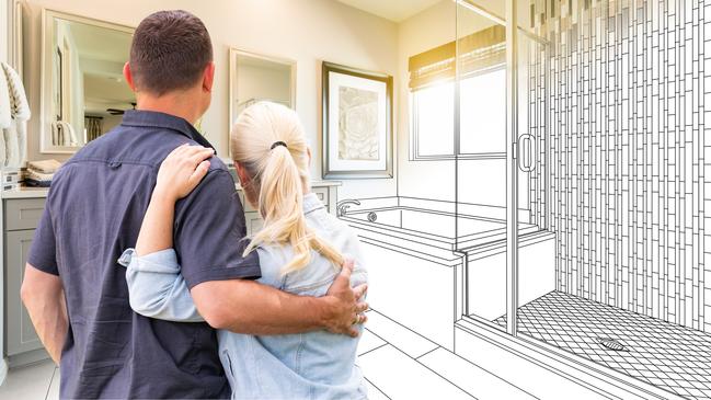 Couple Facing Bathroom Drawing Gradating To Photo.