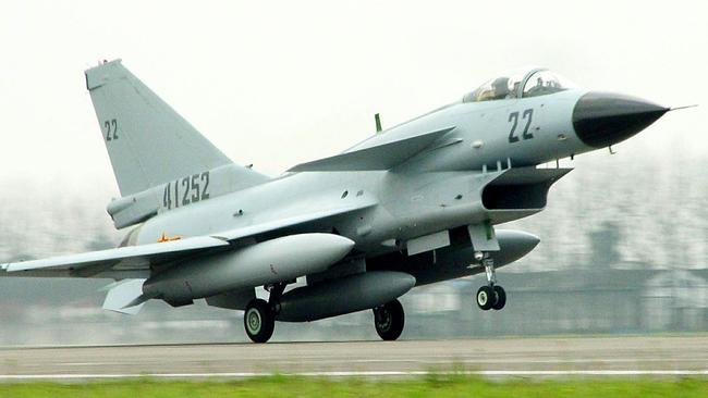 A Jian-10 jet fighter taking off from a military base in Chengdu, Sichuan province, China. Picture: Supplied