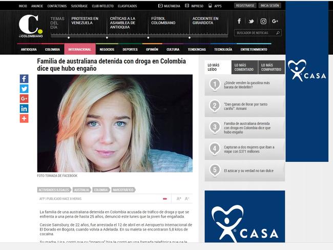 A screen grab from news outlet in Colombia covering Cassie’s arrest.