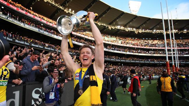 Jack Riewoldt celebrates the 2017 premiership in front of the Tigers’ loyal fans at the MCG.