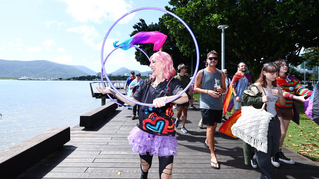 Anne-Marie Bollier marched along the Cairns Esplanade with hula hoops for the Pride Stride on Saturday, part of the 2024 Cairns Pride Festival. Picture: Brendan Radke