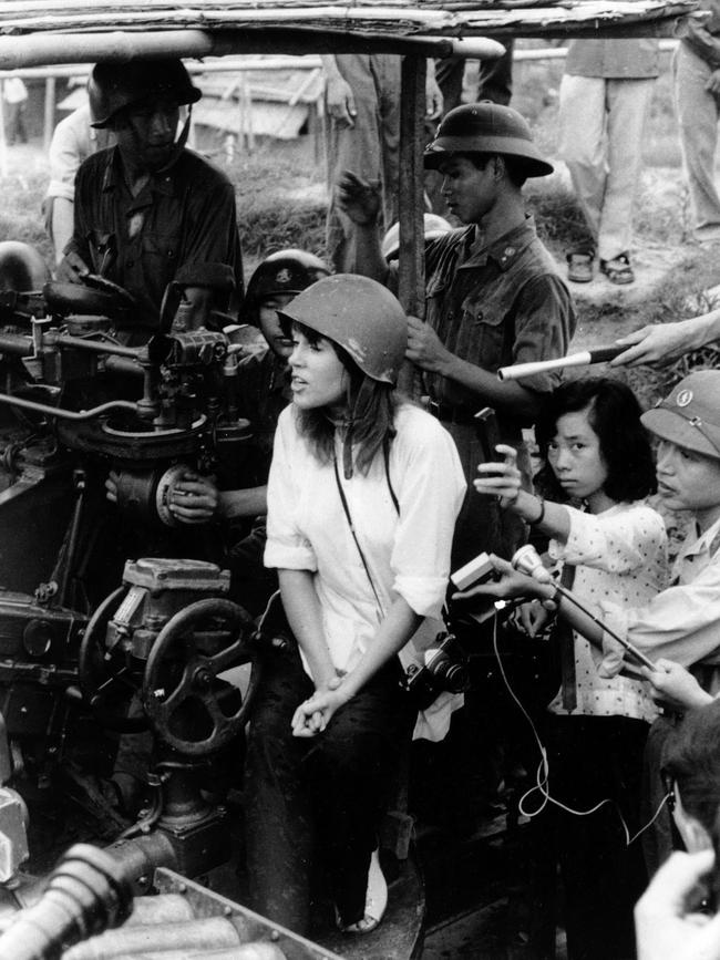 Actor Jane Fonda singing an anti-war song near Hanoi in 1972 during the Vietnam War.