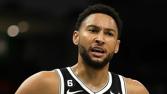 MILWAUKEE, WISCONSIN - OCTOBER 12: Ben Simmons #10 of the Brooklyn Nets reacts to an officials call during the first half of a preseason game against the Milwaukee Bucks at Fiserv Forum on October 12, 2022 in Milwaukee, Wisconsin. NOTE TO USER: User expressly acknowledges and agrees that, by downloading and or using this photograph, User is consenting to the terms and conditions of the Getty Images License Agreement. (Photo by Stacy Revere/Getty Images)