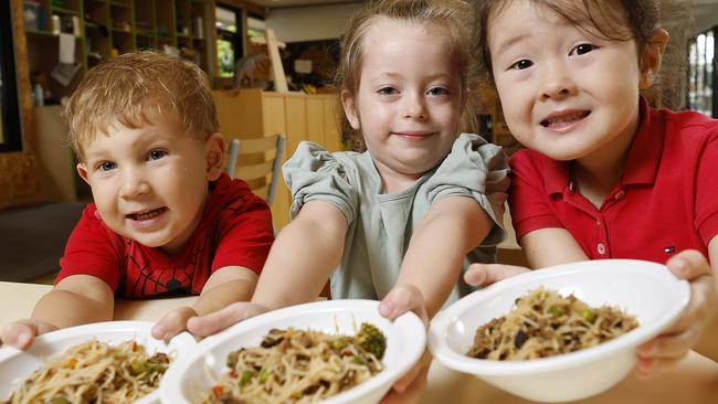 Charlie, 3, Isabella, 4, and Skye, 4, pictured at C&K Kedron Childcare centre, Brisbane 14th February 2024.  (Image/Josh Woning)