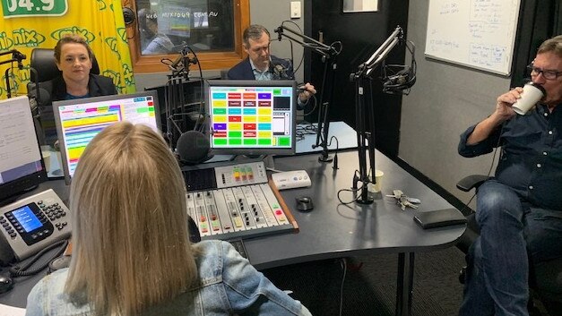 Mix 104.9’s Katie Woolf hosts the leaders’ debate this morning with from left, the CLP’s Lia Finocchiaro, Labor’s Michael Gunner, and the Territory Alliance’s Terry Mills