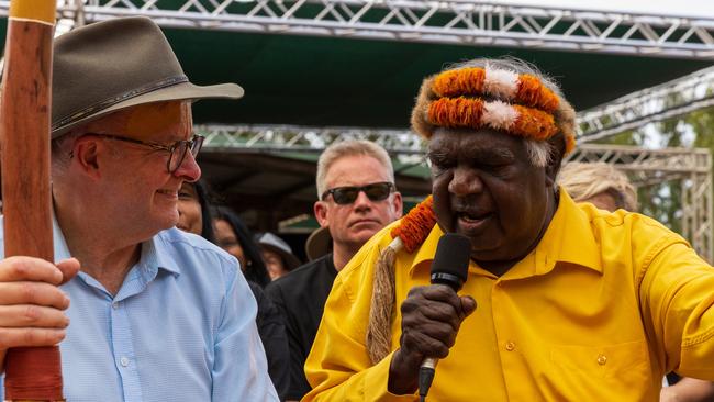 Prime Minister Anthony Albanese and Galarrwuy Yunupingu during the Garma Festival in 2022. Picture: Getty