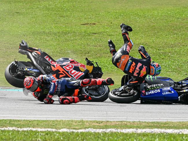 A horror crash on the opening lap of the Malaysian GP. Picture: MOHD RASFAN / AFP