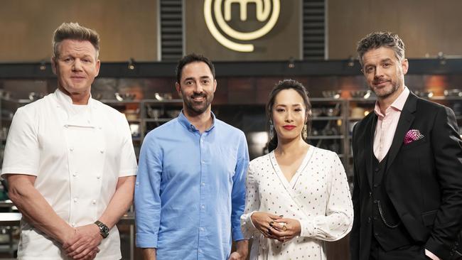 Gordon Ramsay with Andy Allen, Melissa Leong and Jock Zonfrillo on ‘MasterChef Australia’. Picture: Channel 10