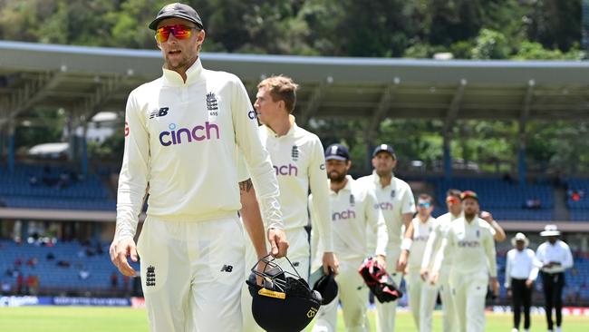 Joe Root leaves the field after losing the 3rd Test against West Indies. Picture: Gareth Copley/Getty Images