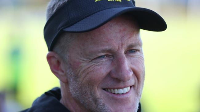 ADELAIDE, AUSTRALIA - APRIL 13: Coach Damien Hardwick speaks to the media during a Richmond Tigers AFL training session at Glenelg Oval on April 13, 2023 in Adelaide, Australia. (Photo by Kelly Barnes/Getty Images)