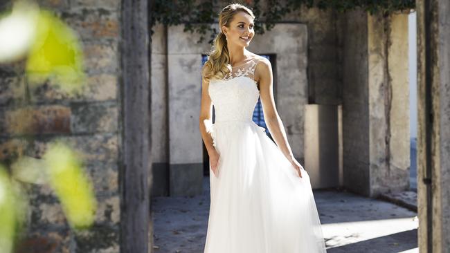 Shontina Rose, wearing Jack Sullivan bridal gown at the Powerhouse, Brisbane. Picture: Mark Cranitch