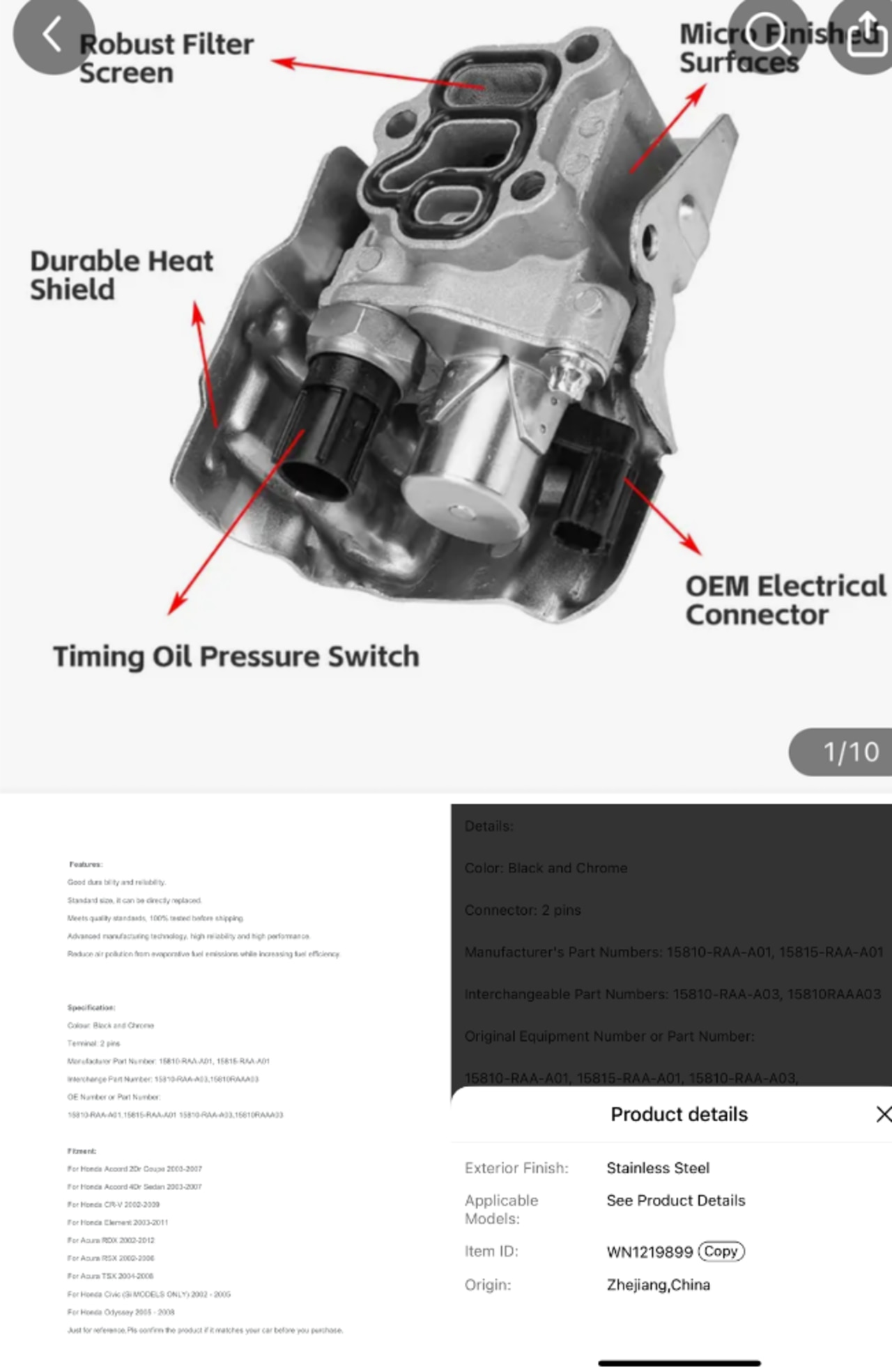 Temu listing includes a PDF manual and vague origin details for the Honda VTEC solenoid part. Picture: Temu