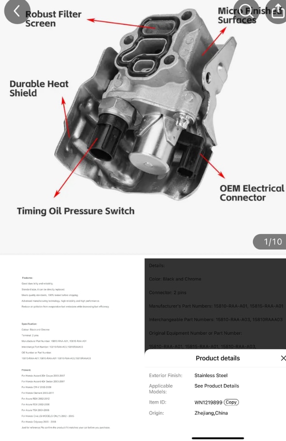 Temu listing includes a PDF manual and vague origin details for the Honda VTEC solenoid part. Picture: Temu