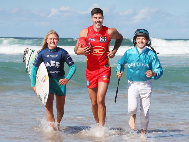 Primed for a big weekend of sport on the Gold Coast are surfer Sierra Kerr, GC Suns player Alex Sexton and jockey Noel Callow. Picture: Glenn Hampson