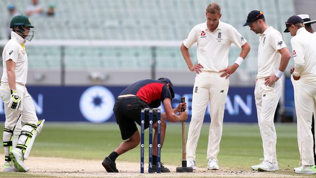 A groundsman working on the pitch last year. Picture: AAP