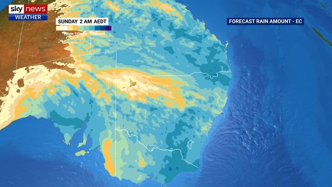 More than 100mm of rain has been recorded in parts of the northern inland and coastal areas over 24 hours to 9am Friday. Picture: Sky News Weather