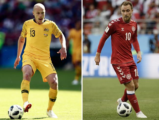 Socceroo Aaron Mooy has plenty of experience trying to stop the Dane. Picture: AFP