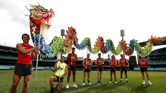 Sydney Swans players Oliver Florent, Tom McCartin, Joel Amartey, Braeden Campbell, Nick Blakey, James Rowbottom, Logan McDonald and Chad Warner. Picture: Phil Hillyard