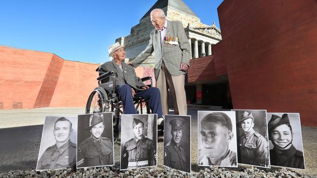 Last surviving Rats of Tobruk, 101-year-old Geoff Pullman and 100 year old Ted Stone at the Shrine of Remembrance. Picture: Alex Coppel