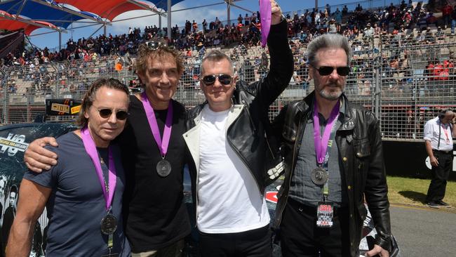 Phil Small, Ian Moss, Jimmy Barnes and Don Walker at the Clipsal 500 in 2015. Picture: Campbell Brodie