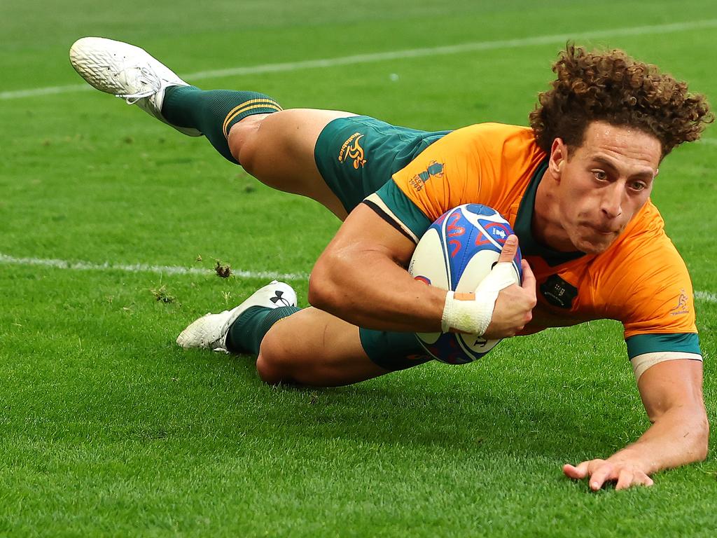 Mark Nawaqanitawase of Australia scores his team's first try against Fiji at Stade Geoffroy-Guichard in September. Picture: Chris Hyde/Getty Images.