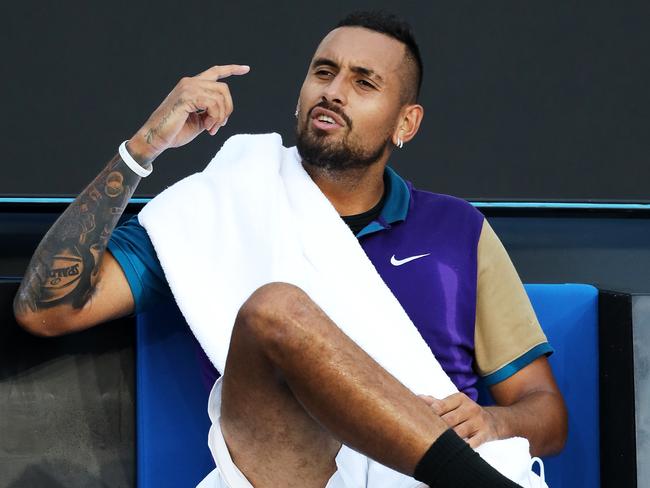 MELBOURNE, AUSTRALIA - FEBRUARY 03: Nick Kyrgios of Australia plays is seen arguing with the match referee in his singles match against Harry Bourchier of Australia during day three of the ATP 250 Murray River Open at Melbourne Park on February 03, 2021 in Melbourne, Australia. (Photo by Jonathan DiMaggio/Getty Images)