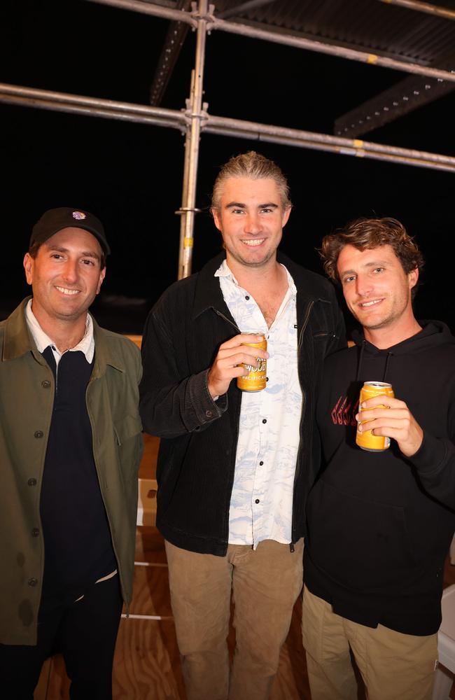 Ty Sorati, Misha Robd and Tom Chaminade at the WSL Gold Coast Pro 2025 after party at Burleigh Pavilion for Gold Coast at Large. Picture, Portia Large.