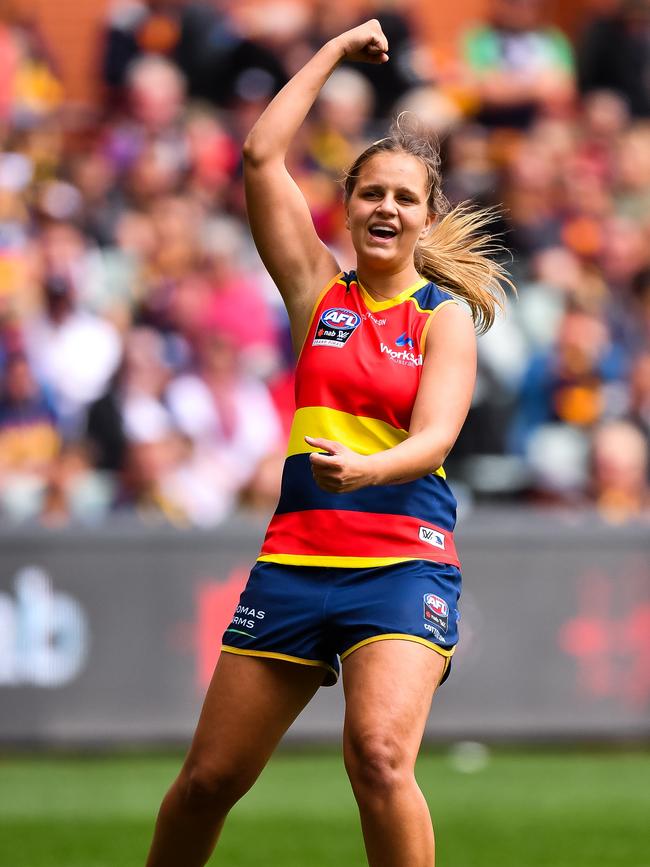 Danielle Ponter celebrates one of her three goals during last year’s grand final win. Picture: DANIEL KALISZ/GETTY IMAGES