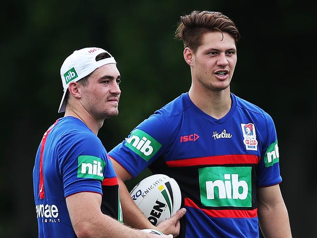 New recruits Connor Watson and Kalyn Ponga during Newcastle Knights training in Mayfield. Picture. Phil Hillyard