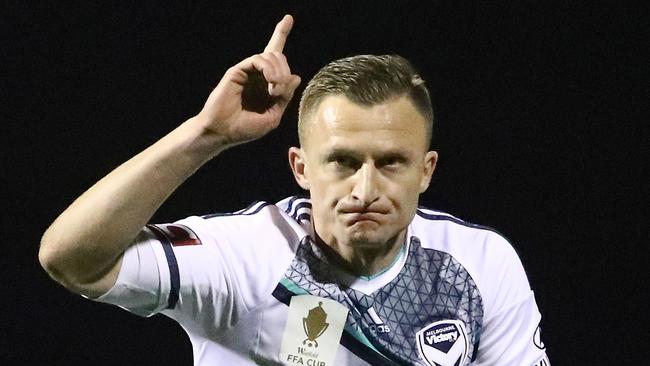 Melbourne Victory striker Besart Berisha celebrates scoring against Hume City on Wednesday night.