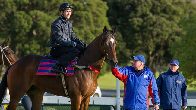 Steven Arnold sits aboard Prince Harada while Brian Baldwin and trainer Tony Vasil look on.