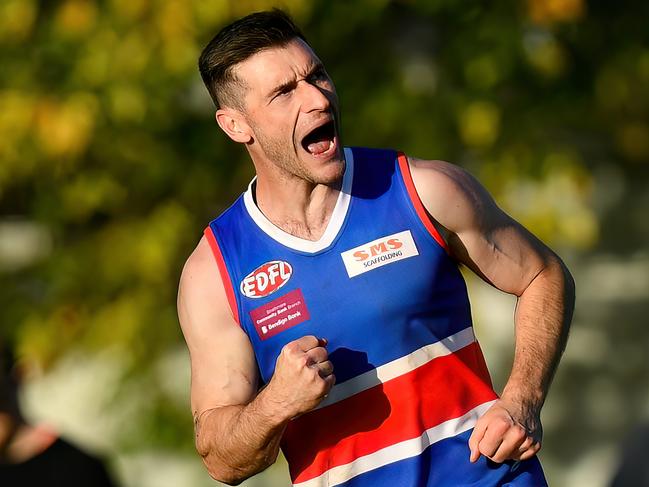 Kane Barbuto of Keilor celebrates kicking a goal during the round six EDFL Strathmore Community Bank Premier Division match between Pascoe Vale and Keilor at Raeburn Reserve, on May 18, 2024, in Melbourne, Australia. (Photo by Josh Chadwick)