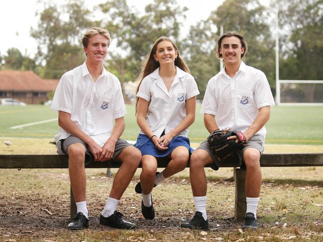 Jamie Thomson (blonde with surfboard), Chloe Arathoon (sculptor) and Jaylin Rae (baseball). HSC case studies. Picture of HSC students who will get there results this week. Pictured at their former school, Narrabeen Sports High School. Picture Rohan Kelly