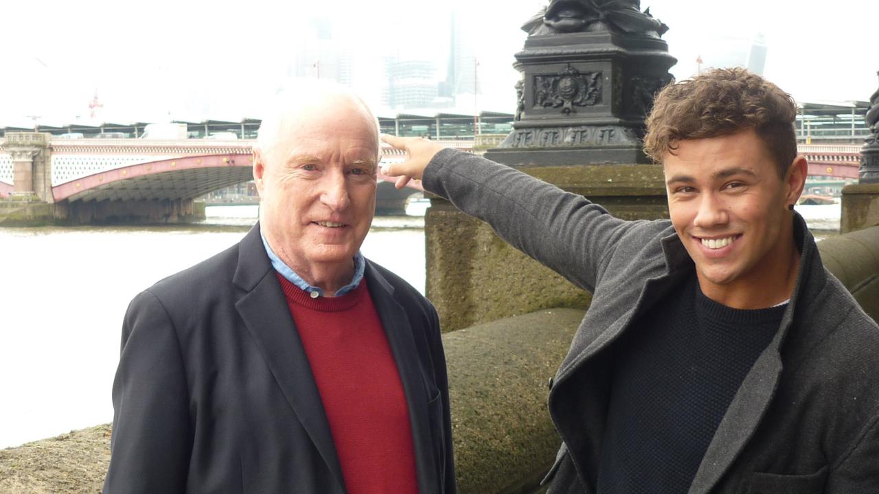 Ray Meagher (left) and Orpheus Pledger (right) promoting Home and Away in London. Picture: Seven