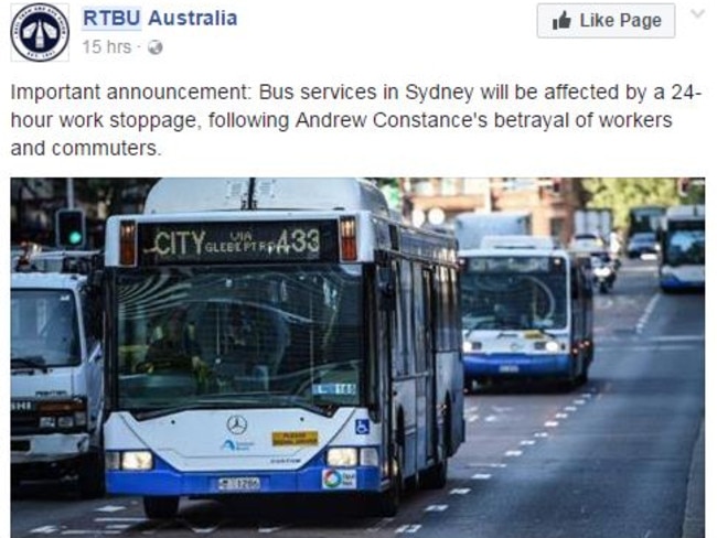 RTBC Australia Facebook post announcing the bus strike.