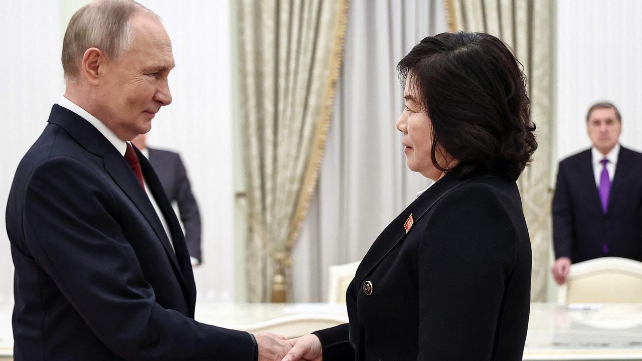 Vladimir Putin (L) greets North Korea's Foreign Minister Choe Son Hui (R) prior to their talks in Moscow on November 4, 2024. Picture: Mikhail Tereshchenko / POOL / AFP