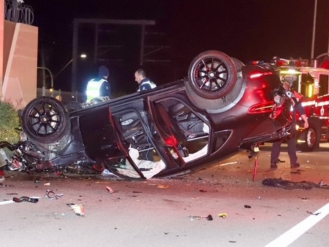 Accident scene on Nepean Hway Bonbeach.  The Porsche was allegedly stolen. There were four people on board when it crashed. Two were taken to hospital and two are in police custody. Picture: Andrew Hosking,