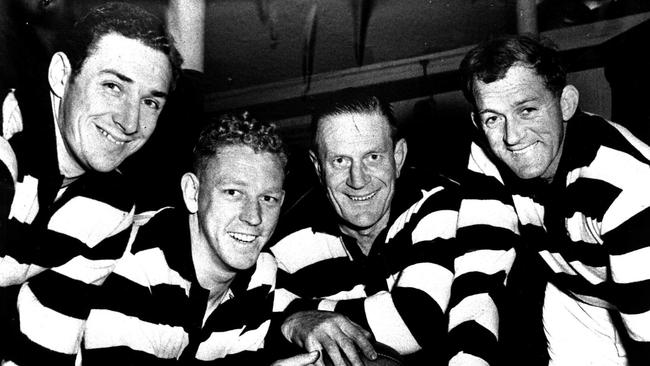 Geelong stars Bob Davis, Bernie Smith and Russell Renfrey with coach Reg Hicke. Picture: The Bob Gartland Collection